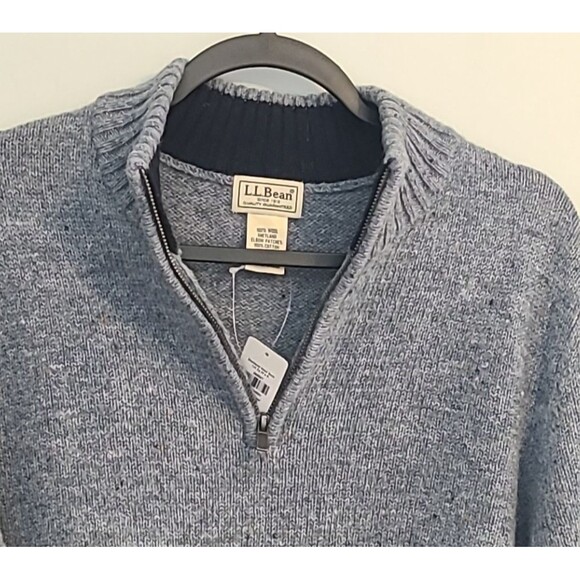 LL Bean Mens M 1/4 Zip Sweater Shetland Wool Blue Corduroy Elbow Patches Preppy - Picture 4 of 12